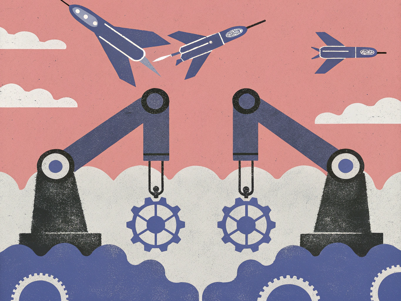 "Illustration of two robotic arms grasping gears against a pink background with stylized clouds, while rockets are launching above them."