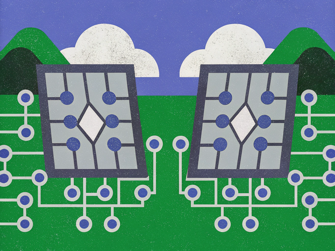 "Abstract illustration of two solar panels on a green landscape, connected by circuit-like lines to blue nodes, with green hills and stylized clouds in the background."