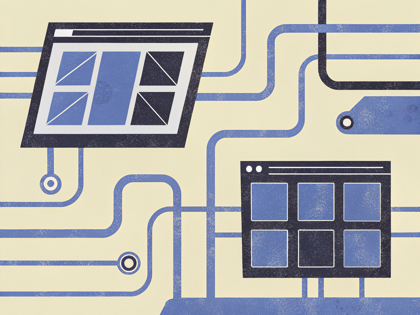 "Abstract illustration featuring two browser windows connected by blue and black lines against a light yellow background, symbolizing networking or data transfer."