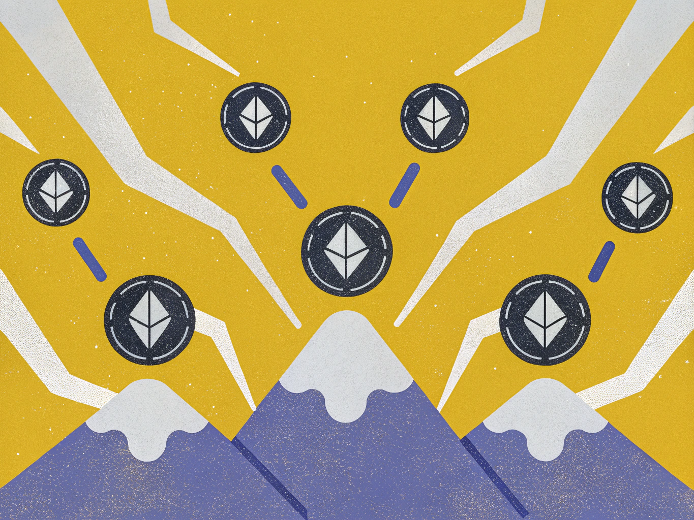 "Abstract illustration featuring mountains in purple with snow caps, against a yellow background. Several circular coins with the Ethereum logo are depicted falling towards the mountains, accompanied by white lightning-like streaks."