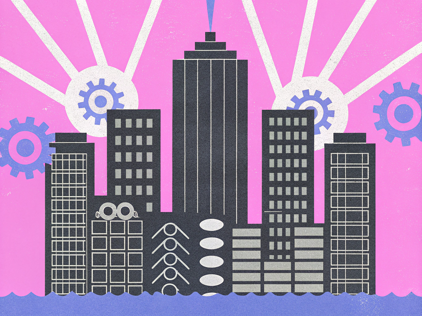"Stylized illustration of a city skyline with various buildings in shades of gray, set against a bright pink background. Gears and rays emanate from behind the skyscrapers, adding a dynamic and industrial feel to the composition."