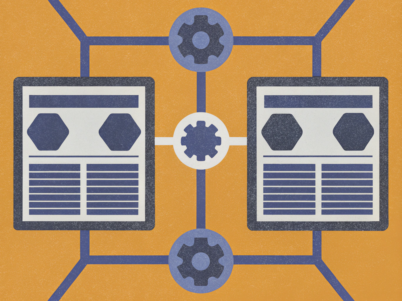 "Graphic illustration featuring two tablets with hexagonal icons and text sections, connected by lines to circular gear symbols, all set against an orange background."