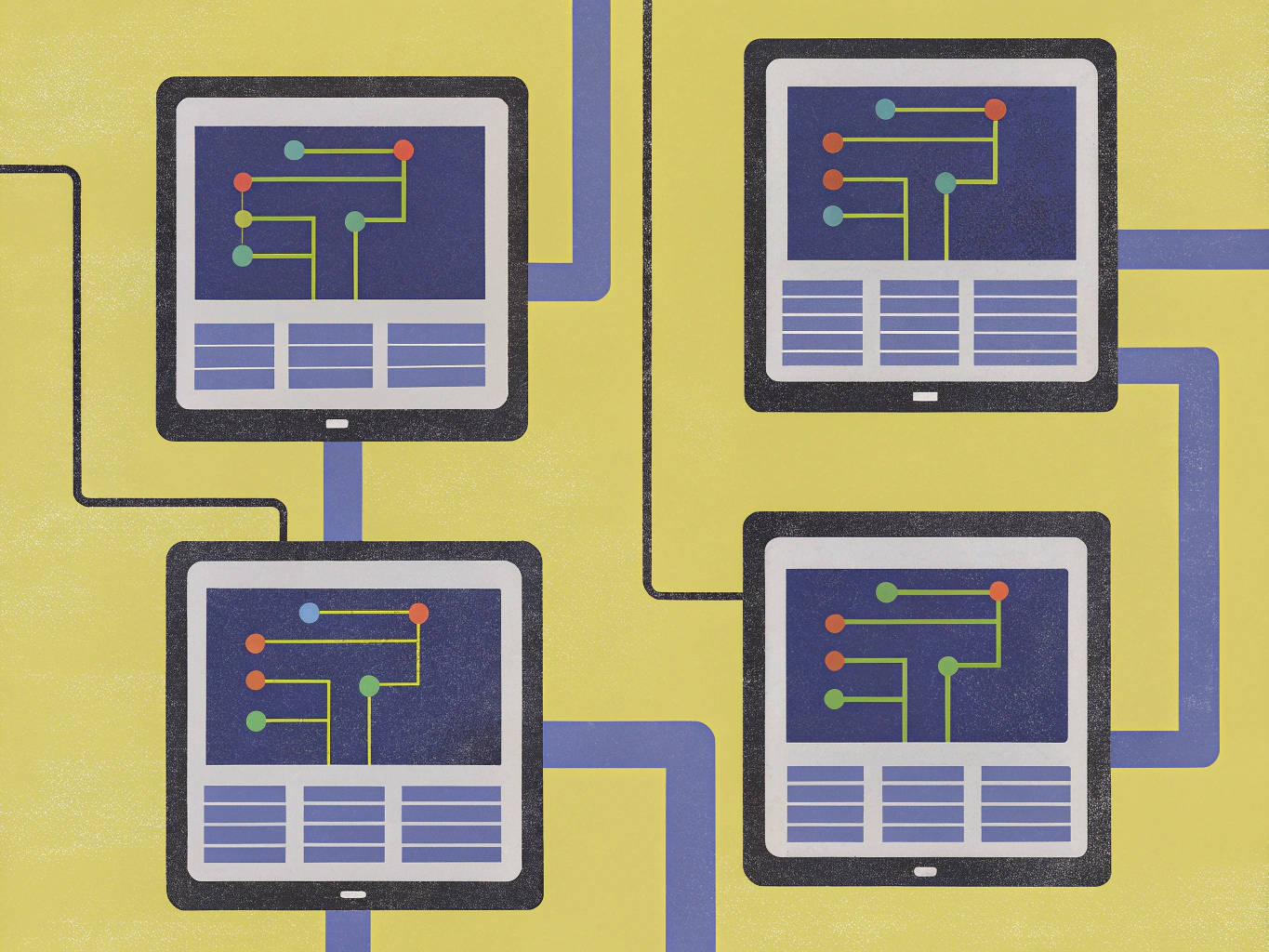 "Four stylized tablets on a yellow background, each displaying a connected network diagram with colored nodes and lines. Lines connect the tablets, illustrating a collaborative or interconnected system."