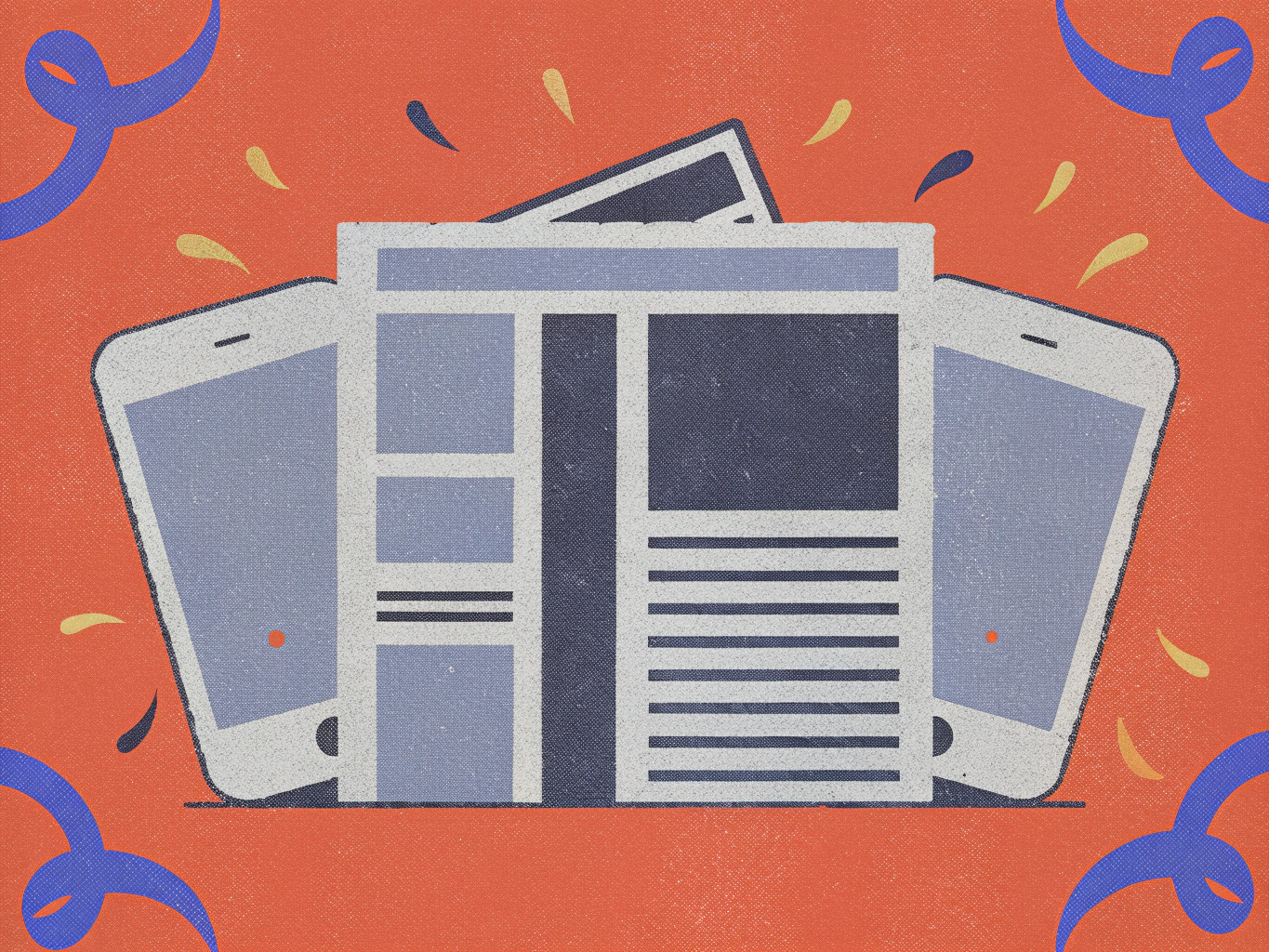 "Illustration of several smartphones and a newspaper stacked against a vibrant orange background, with decorative swirls and colorful accents surrounding them."