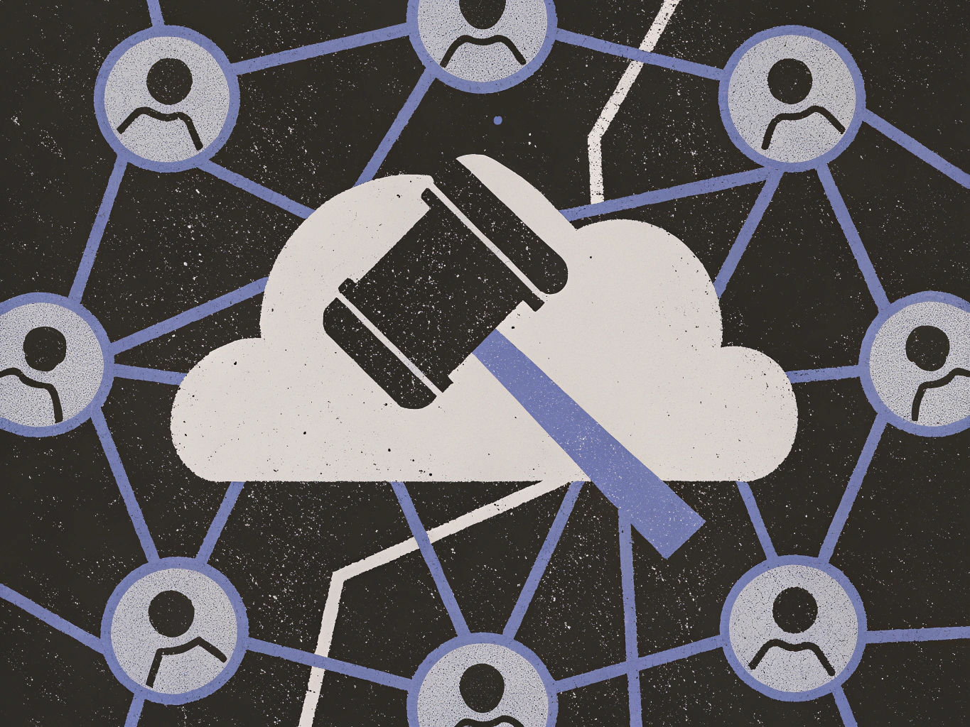 "Illustration of a cloud with a gavel striking it, surrounded by interconnected user icons, symbolizing themes of digital law and governance."