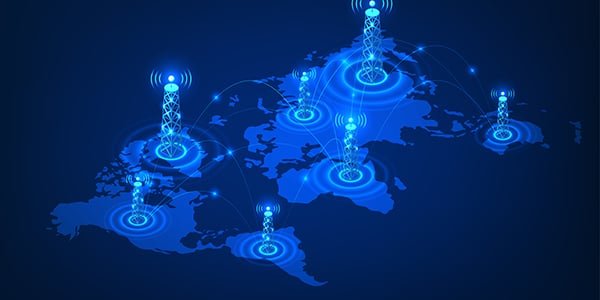 "Graphic of a world map with glowing communication towers and signal waves, representing global connectivity."