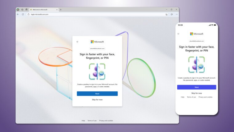 Login page for Microsoft is displayed on both a computer and a mobile device. The content invites users to sign in using facial recognition, fingerprint, or a PIN. Two buttons are present: "Next" and "Skip for now." The background features abstract shapes in soft colors.