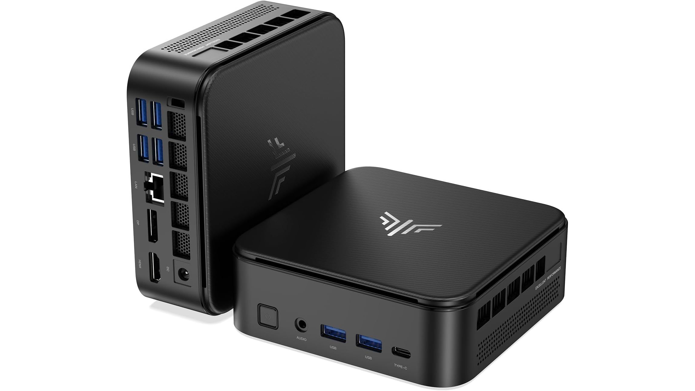"Two black mini PC units stacked, showcasing various ports including USB, HDMI, and audio connections on the sides. The top unit has a textured surface with a logo design."