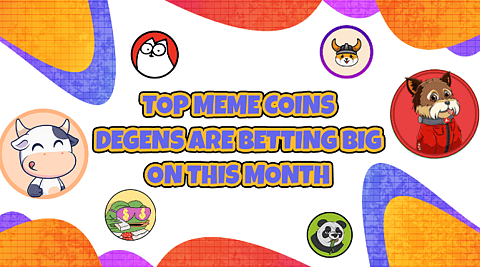Colorful graphic featuring various cartoon animal icons and the text, "TOP MEME COINS DEGENS ARE BETTING BIG ON THIS MONTH." The background includes abstract shapes in vibrant colors.