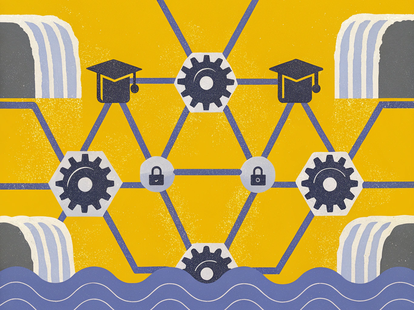 "Abstract illustration with a yellow background featuring interconnected hexagons. Each hexagon contains a gear symbol or a graduation cap, with padlock symbols in the center. Waterfalls are depicted at the top and wavy water at the bottom, symbolizing connectivity and flow."
