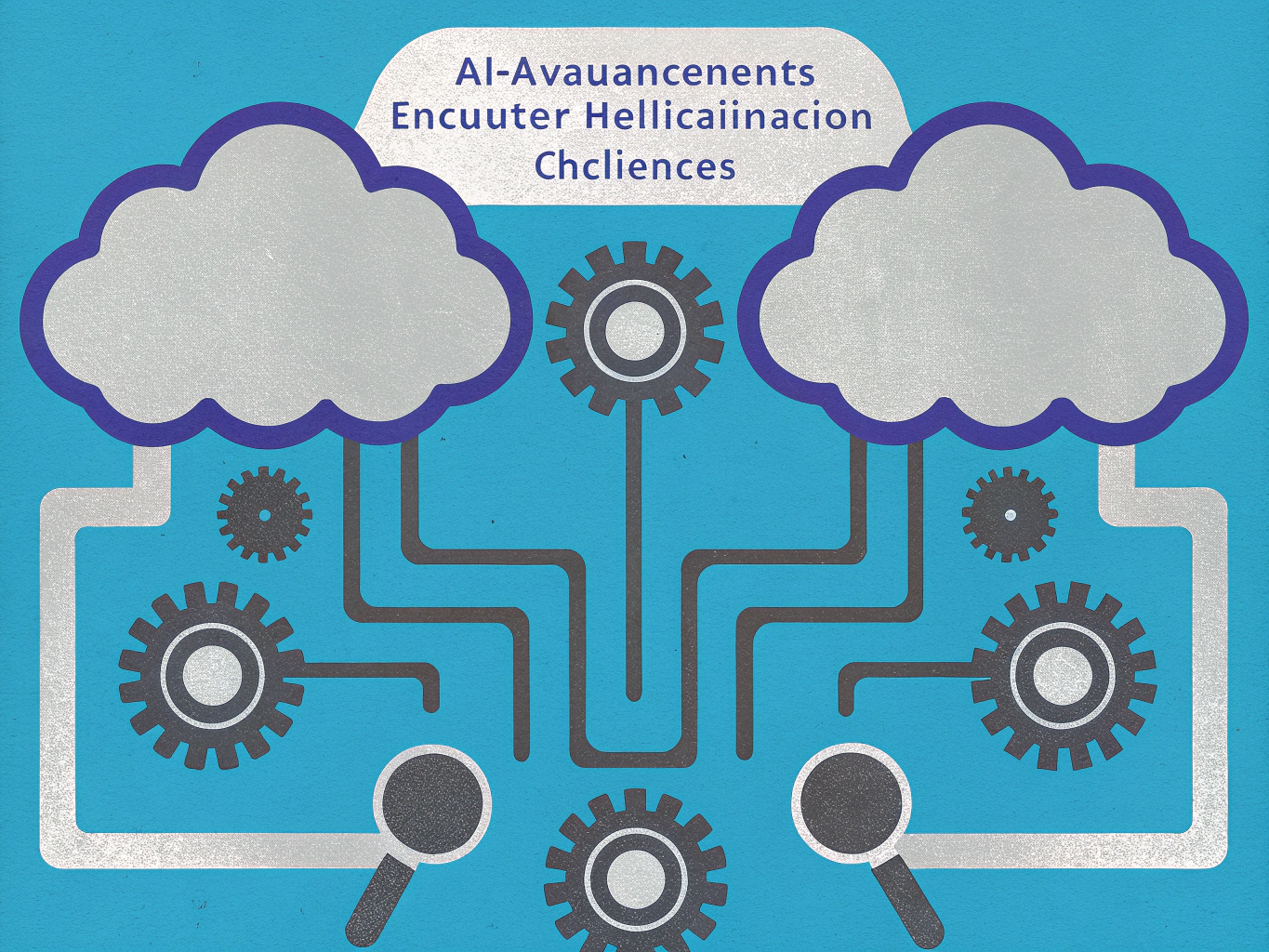 "Graphic depicting two cloud icons connected by various pathways to gears and magnifying glasses, symbolizing advancements in AI and the challenges encountered in its application. The background is a vibrant blue."
