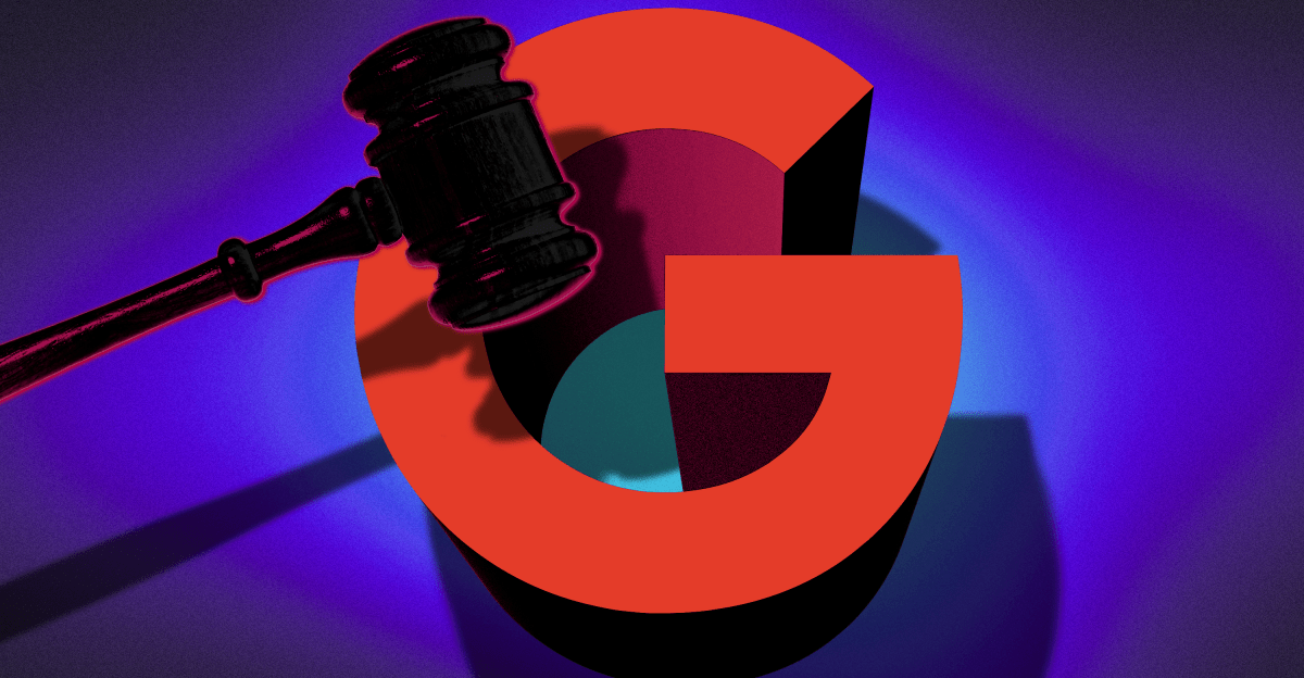A large red letter "G" with a gavel positioned beside it, set against a gradient background of purple and blue light.