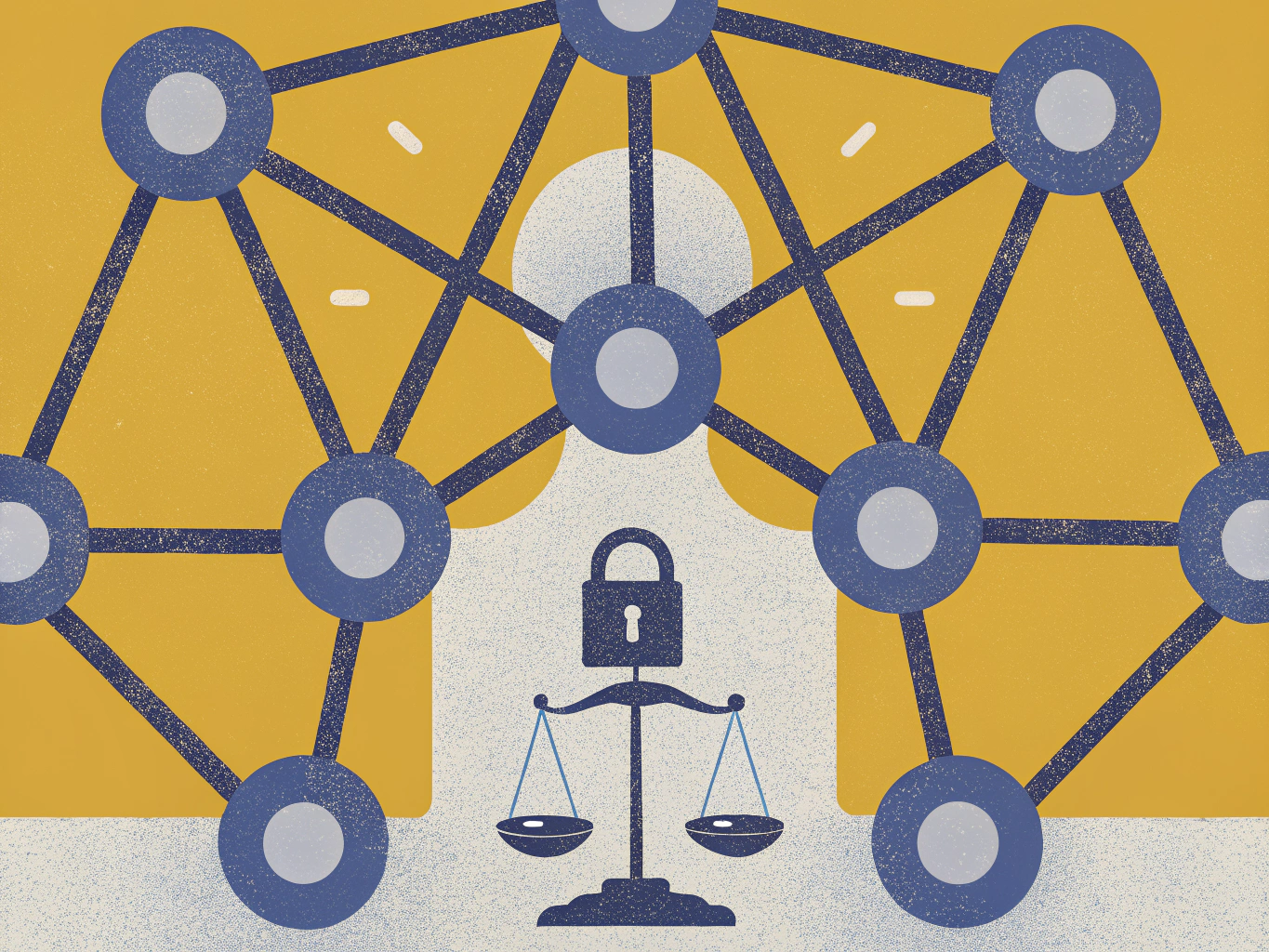 "Illustration depicting a network of interconnected nodes against a yellow background, with a scale representing balance and justice in the foreground, featuring a padlock."
