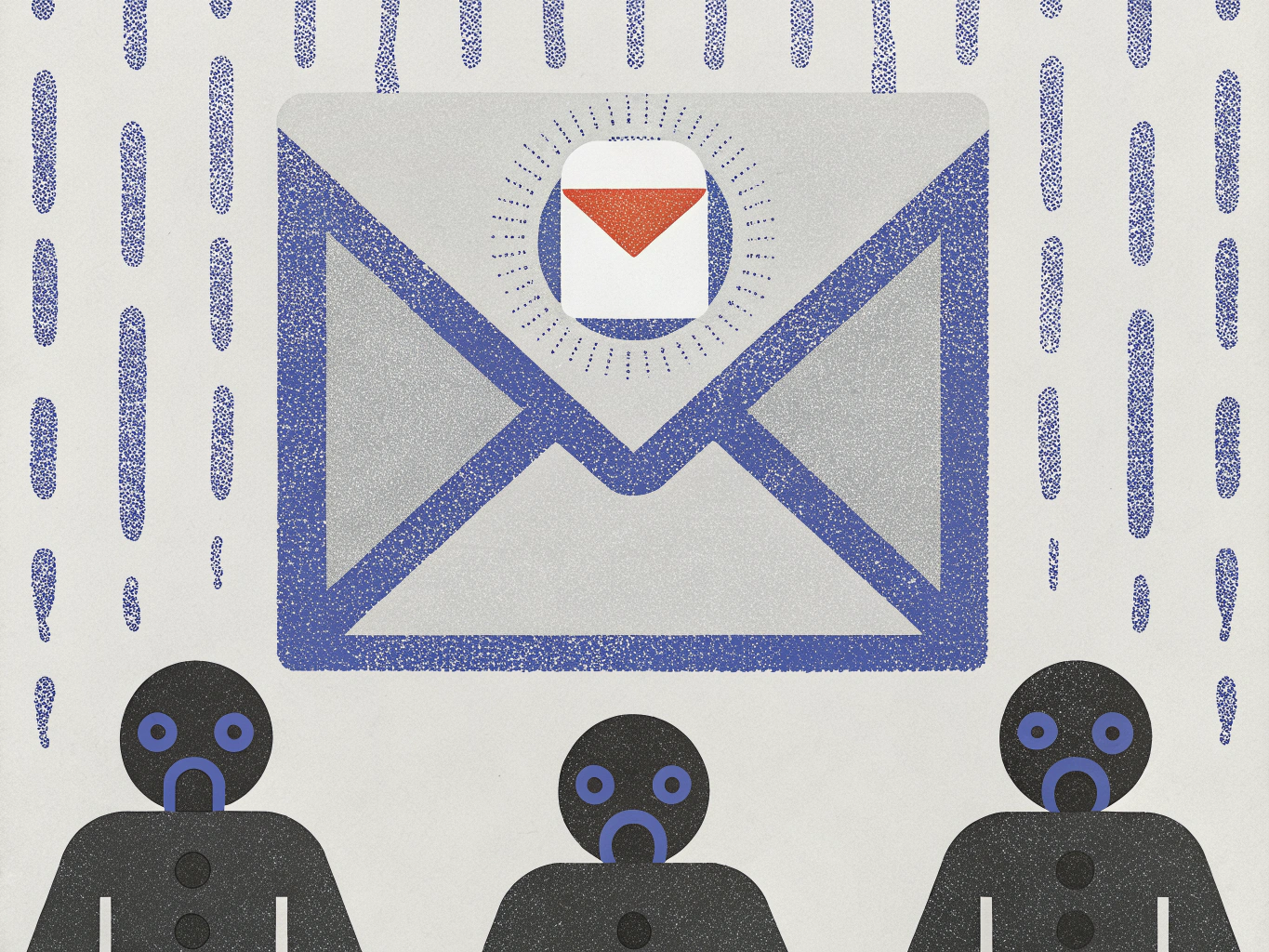 An illustration featuring an oversized envelope with a red and white paper inside, surrounded by vertical blue lines resembling rain. In the foreground, three stylized figures with distressed expressions are looking up at the envelope.