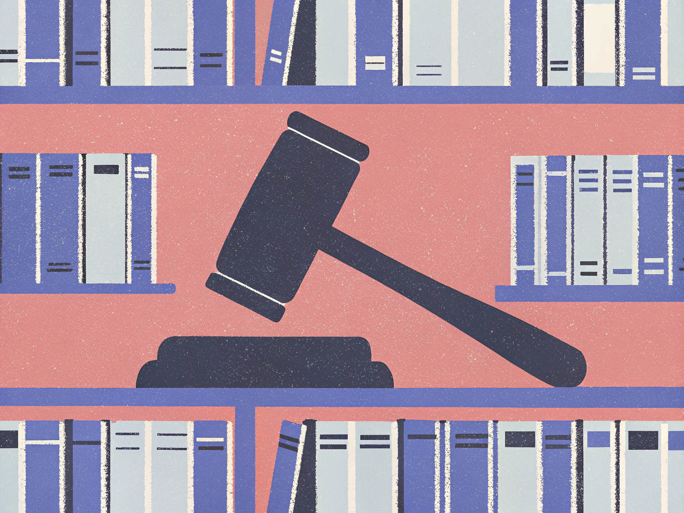 "Gavel resting on a podium in front of a bookshelf filled with law books, illustrated in a simple, stylized manner with a pastel color scheme."