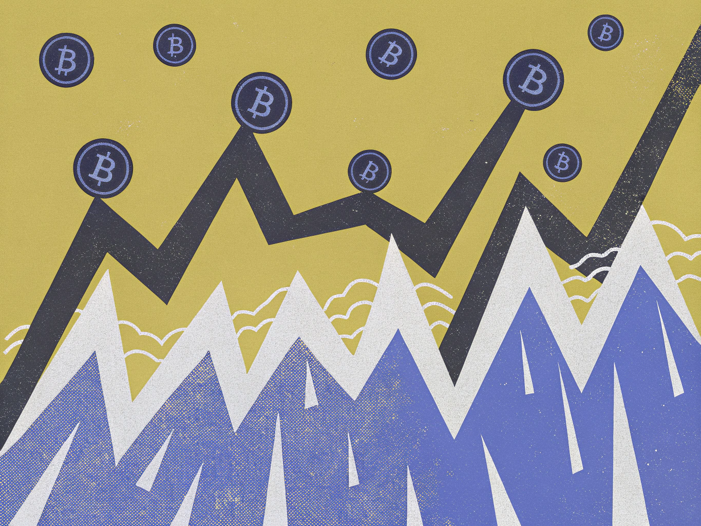"Graph illustration depicting a rising trend line with Bitcoin symbols floating above it, against a textured yellow background with stylized mountain shapes in blue and white."