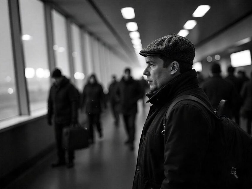 "A man wearing a flat cap stands in profile, gazing out a large window in a bustling corridor, surrounded by blurred figures of people in dark coats. The image is in black and white, emphasizing the contrast between the man and the busy background."