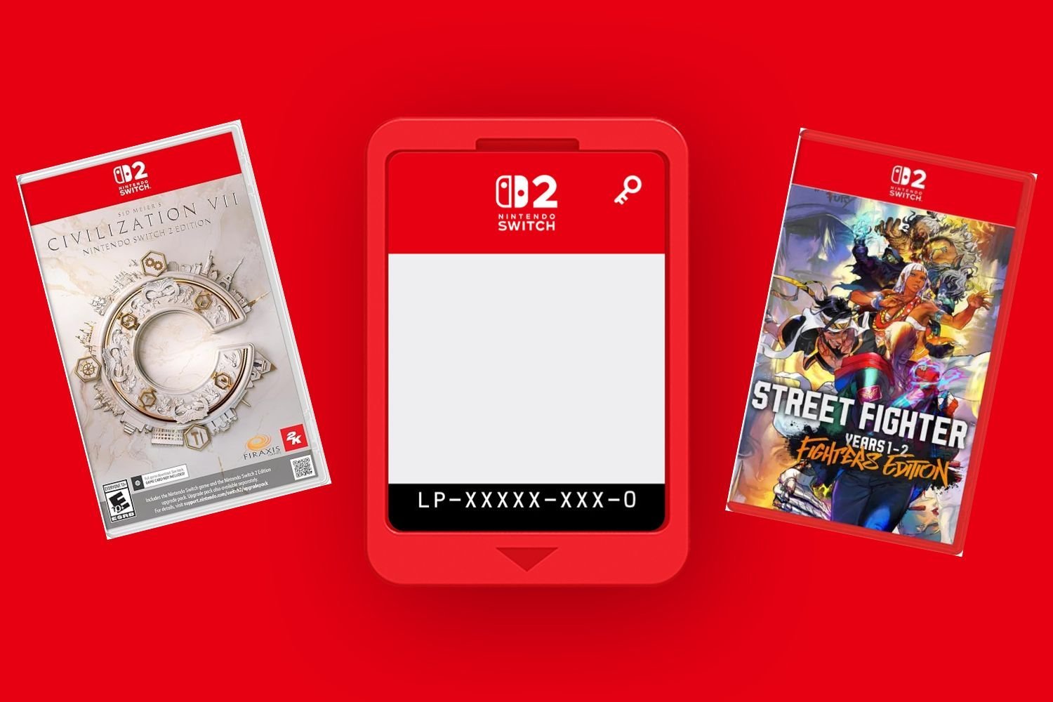 "Two Nintendo Switch game covers, 'Civilization VII' on the left and 'Street Fighter: Years 1-2 Fighters Edition' on the right, positioned alongside a red Nintendo Switch cartridge holder on a bright red background."