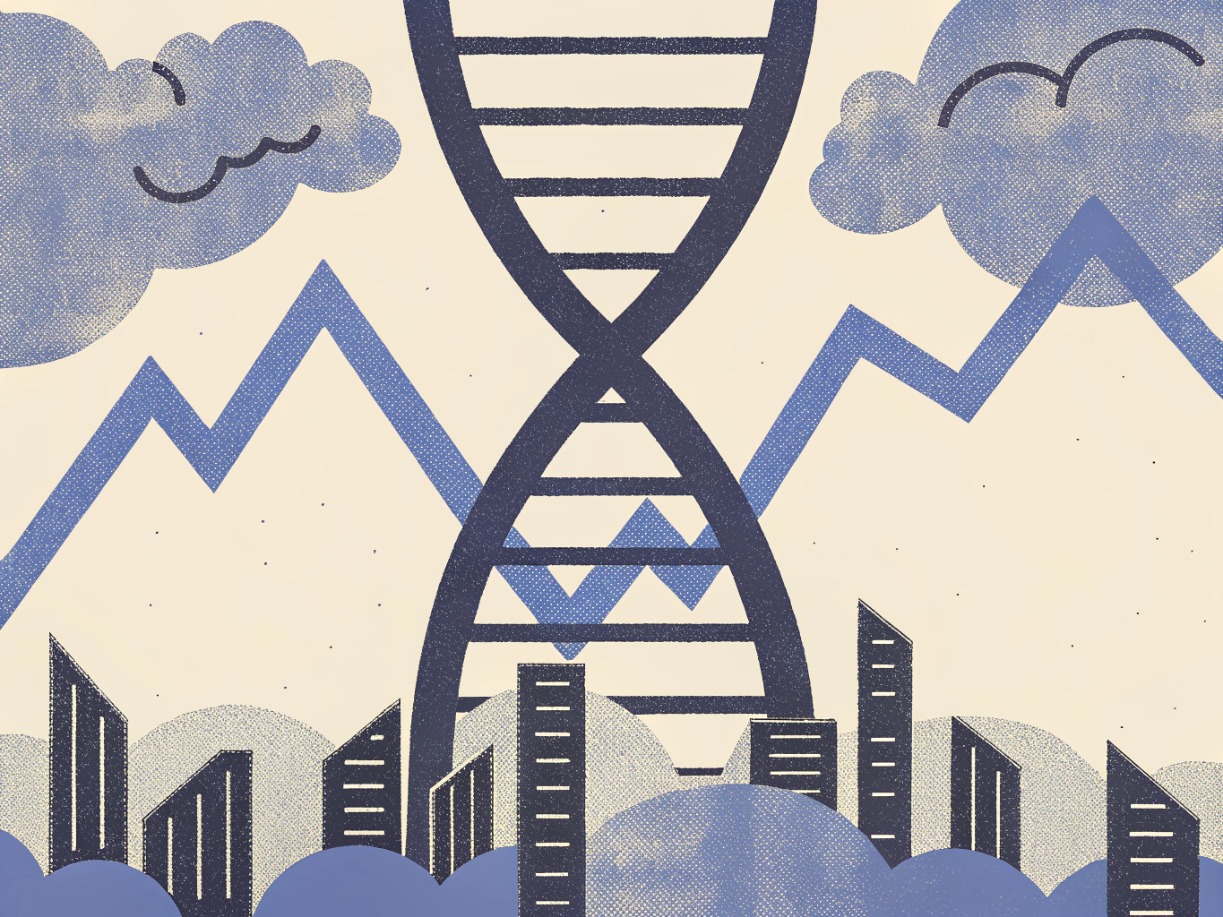 "Graphic illustration featuring a DNA double helix in the center, surrounded by stylized blue mountains, clouds, and a silhouette of buildings at the bottom."