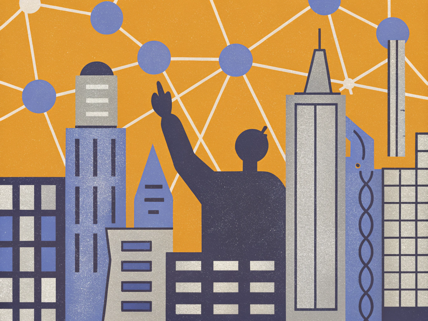 "Stylized city skyline with varying skyscrapers, featuring a prominent figure reaching upwards amidst a network of circles and connecting lines on an orange background."