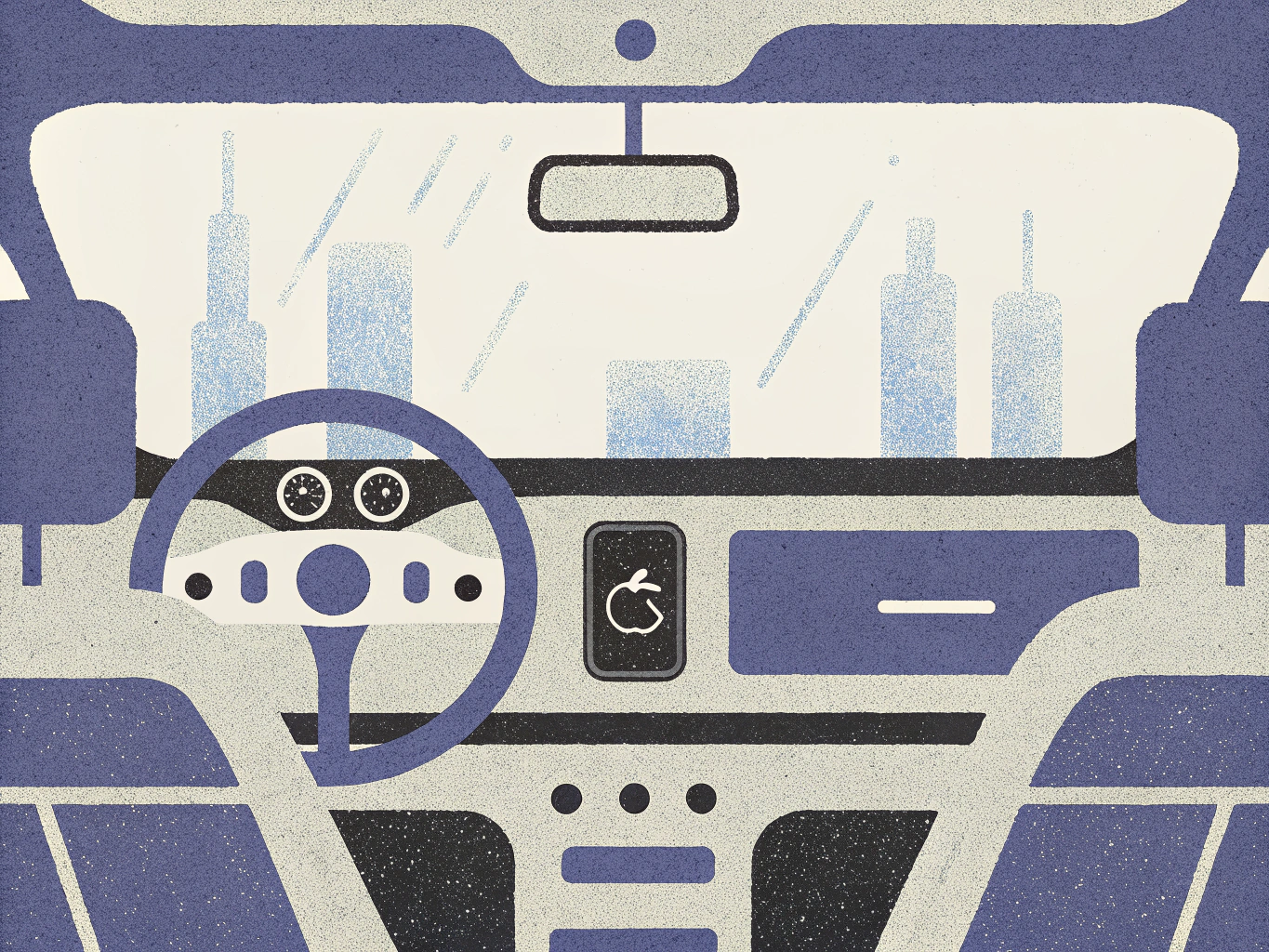 "Stylized interior view of a car showing the steering wheel, dashboard, and windshield, with faint city skyline outlines visible in the background."