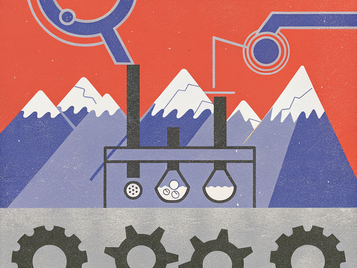 Abstract illustration featuring a stylized laboratory set against a backdrop of mountains. The lab includes test tubes and beakers with contents, alongside gears at the bottom. The sky is a bold red.