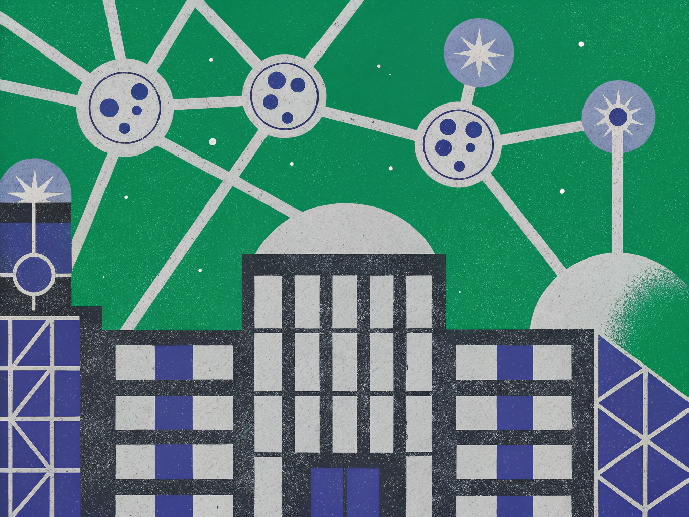 Abstract illustration featuring a modern building with geometric shapes and a blue and gray color scheme, set against a green background. Above the building, stylized connections represented by lines and circular nodes convey a sense of technological or scientific themes.