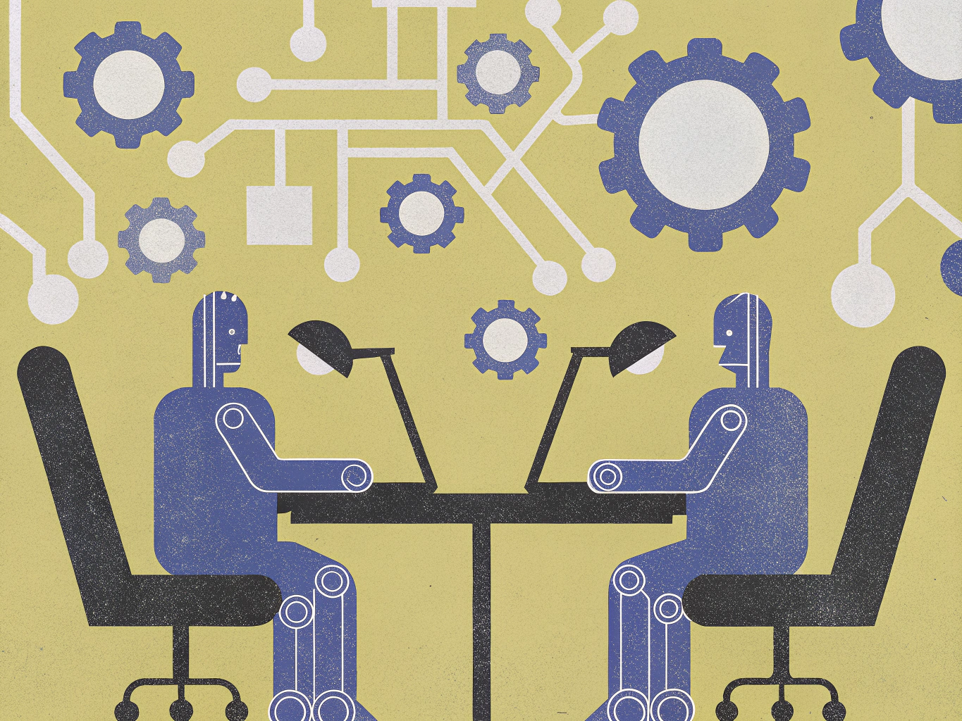 "Two stylized robots seated at a table with computers, illuminated by desk lamps, against a light yellow background adorned with gears and circuit-like designs."