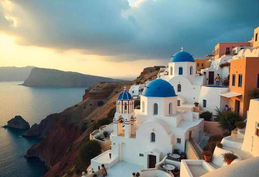 "Scenic view of white-washed buildings with blue domes situated on a cliffside overlooking the sea during sunset, with dramatic clouds above and rugged coastline in the background."