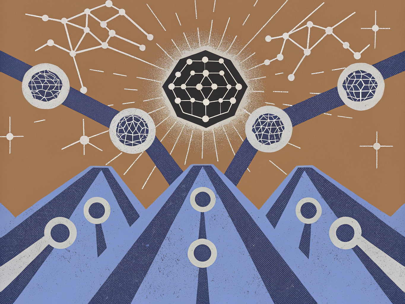 Abstract illustration featuring geometric shapes with interconnected lines on a brown background. Central to the image is a black hexagonal shape emitting rays of light, surrounded by various spheres and connected networks, set against a backdrop of stylized blue mountains.