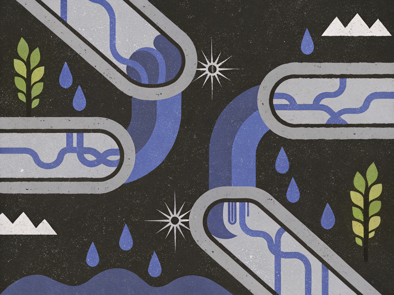 Abstract illustration featuring stylized water pipes in varying shades of blue, flowing through a dark background. Green leaves and blue droplets are interspersed among the pipes, with white geometric shapes representing mountains and a starburst element included in the design.