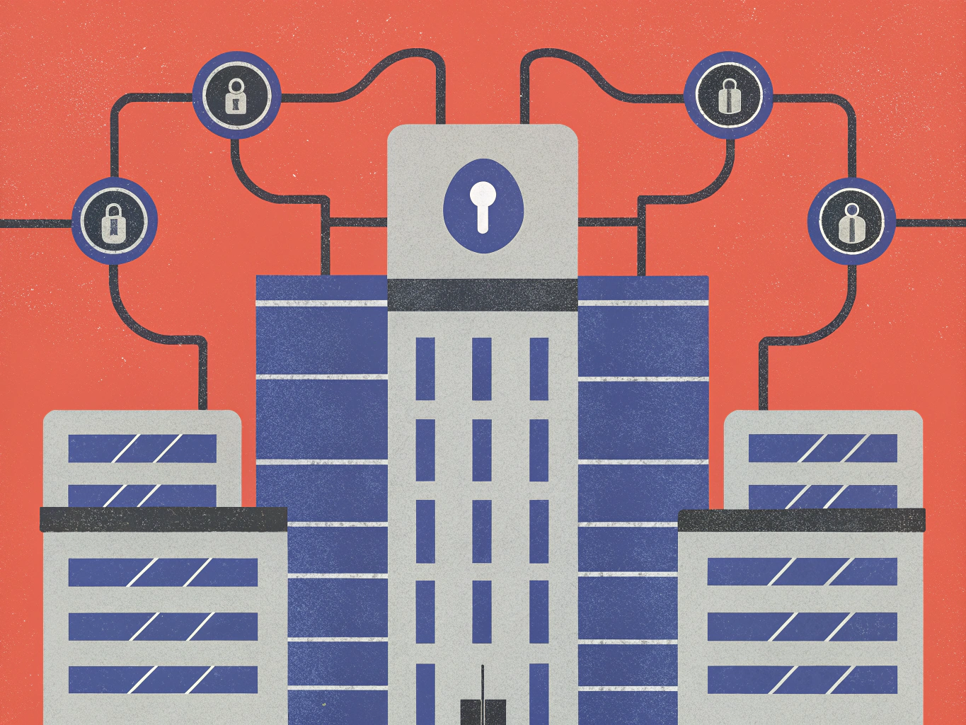 Digital illustration of a cityscape featuring several buildings connected by lines, with icons of locks and user figures positioned above the structures against a red background, symbolizing security and connectivity.