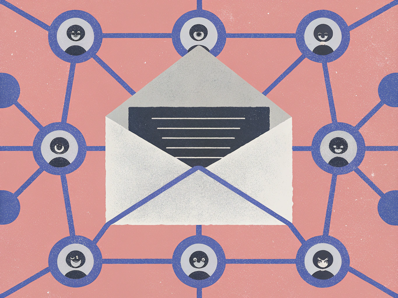 "Illustration of an envelope with a document inside, surrounded by interconnected circular icons representing various people, set against a pink background."