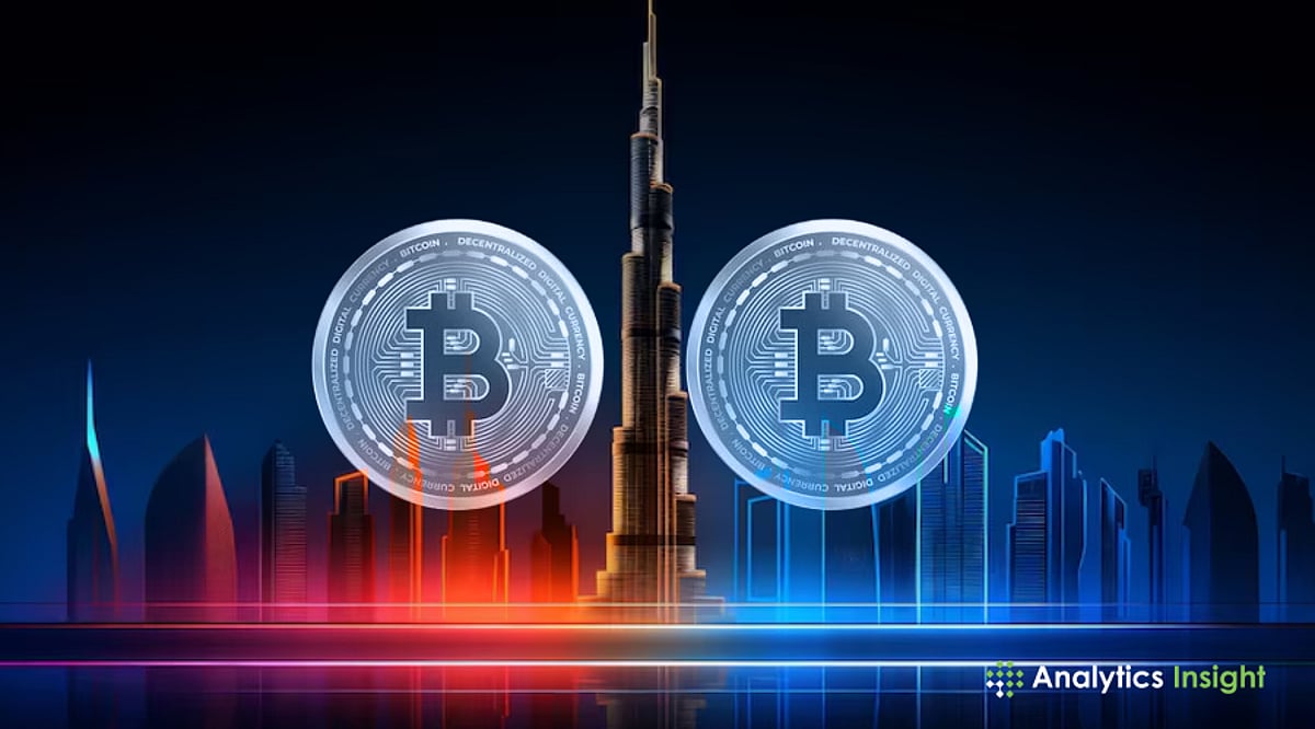 "Two Bitcoin coins displayed against a backdrop of a futuristic city skyline, featuring the Burj Khalifa in the center, with blue and orange lighting accents."