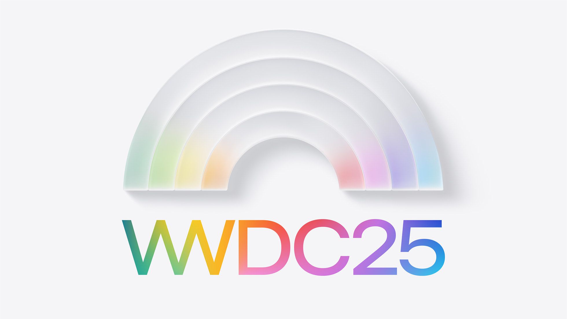 "Abstract design featuring a layered rainbow in soft pastel colors above the text 'WWDC25' in a vibrant gradient."