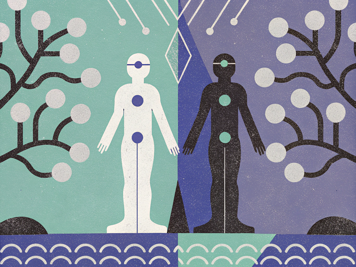 Abstract illustration depicting two human figures, one in white and one in black, positioned against contrasting backgrounds of green and purple. Each figure has circular elements along their body, and there are stylized trees with dotted branches and circular leaves on either side, along with geometric shapes and lines. The figures are standing on a stylized water surface with wave patterns.