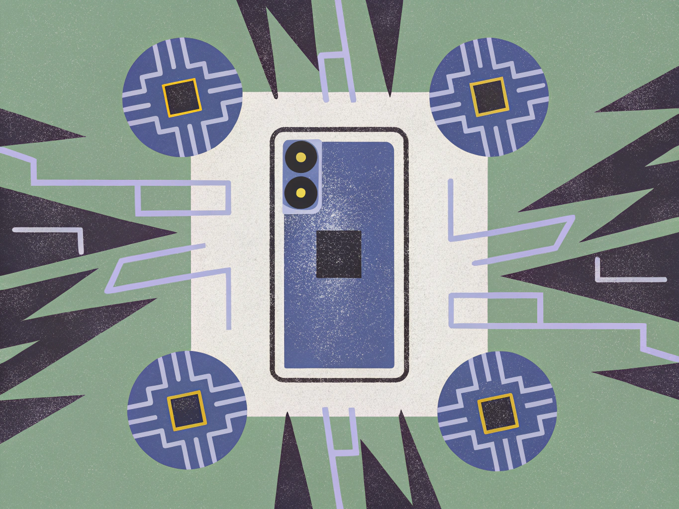 "Abstract illustration featuring a blue smartphone at the center, surrounded by circular patterns and geometric shapes in shades of green, blue, and black."