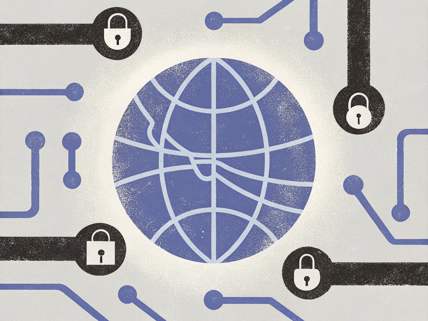 "Illustration of a globe surrounded by circuit-like lines in blue and black, featuring padlock icons, symbolizing internet security and connectivity."