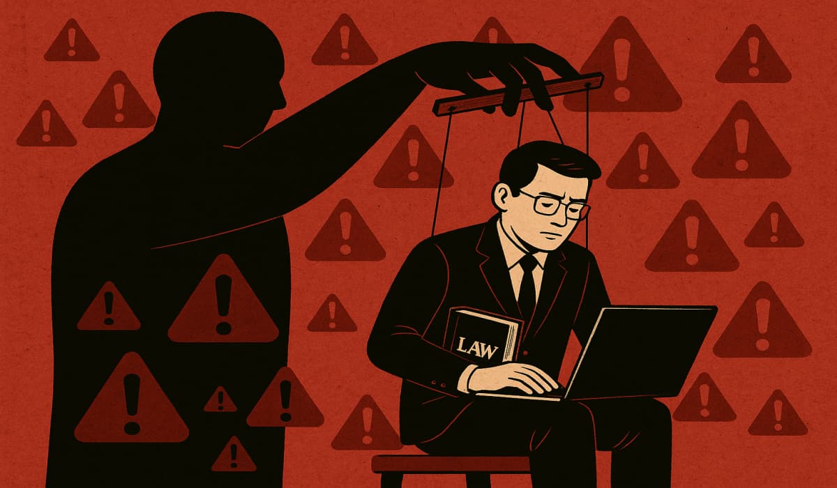 A stylized illustration of a puppet-like figure manipulating a man in a suit sitting at a laptop, holding a book titled "LAW." The background features multiple warning symbols in a red color.