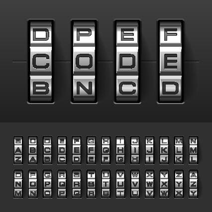 "Four rotating letter dials displaying the letters D, C, B, N, P, E, F, and E on a dark background, with a grid of letters A through Z below."