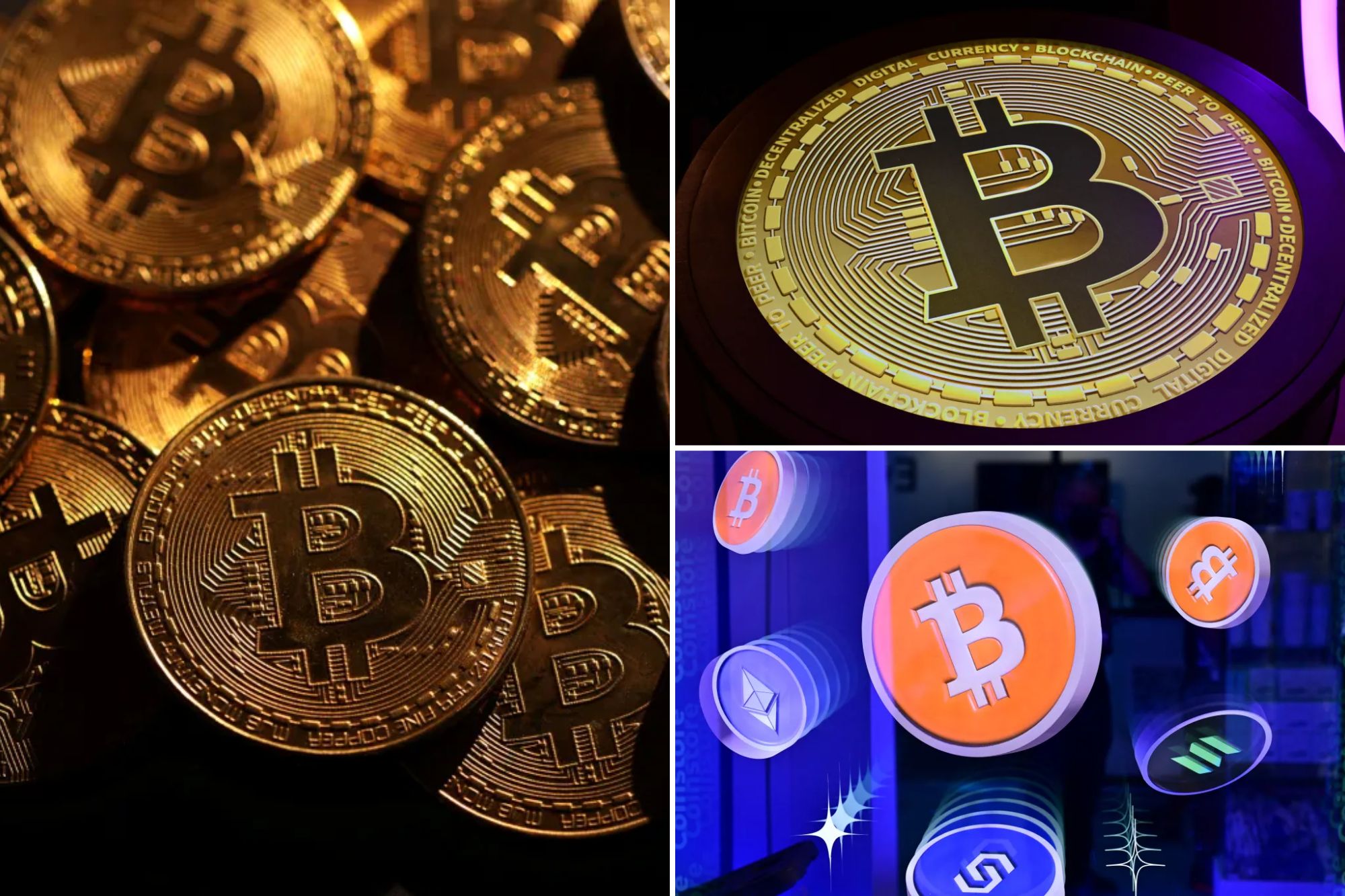 "Collage featuring three views of Bitcoin-related imagery: a pile of gold Bitcoin coins with the Bitcoin logo, a large illuminated Bitcoin coin displaying circuit patterns, and various cryptocurrency symbols including Bitcoin and others displayed on illuminated buttons."