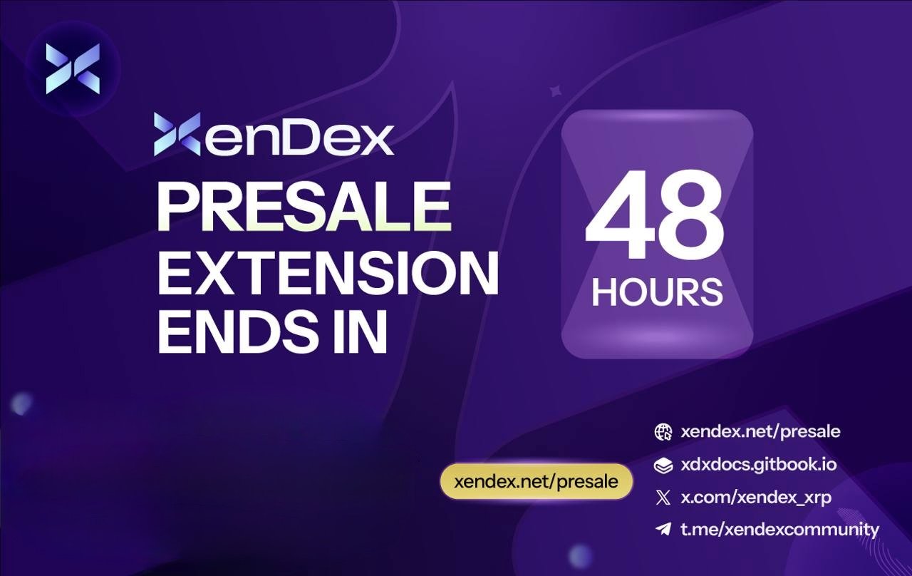 "Graphic advertising the presale extension for XenDex, indicating it ends in 48 hours. The background is purple with white text and includes website links for more information."