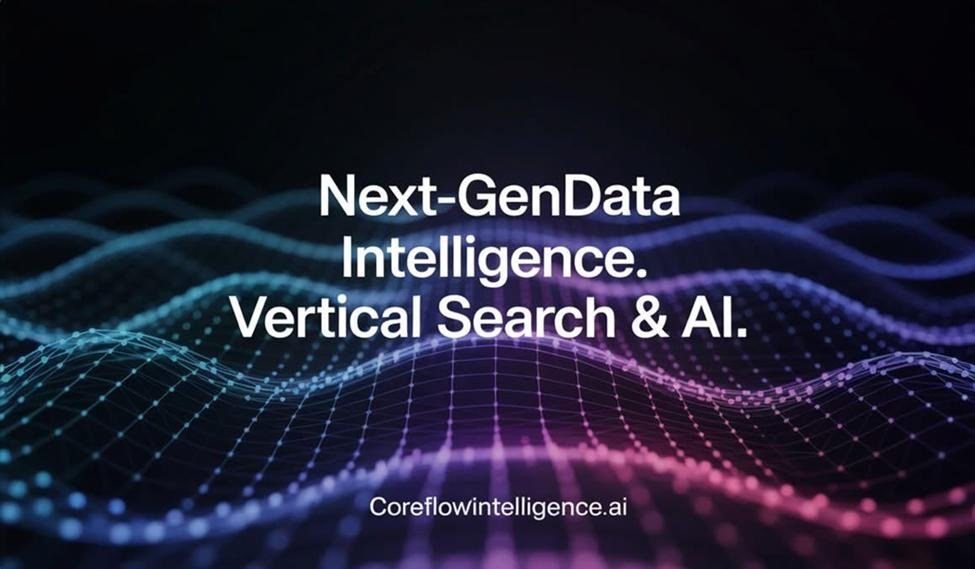 "Text displaying 'Next-GenData Intelligence. Vertical Search & AI.' over a dark background with a wave pattern comprised of colorful dots and lines."