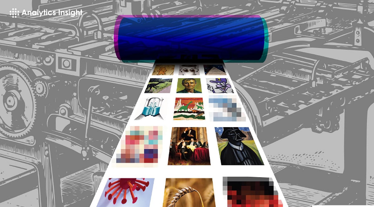 A printing press with a colorful roller is shown above a series of small images displayed in a grid layout, featuring a mix of recognizable artistic and abstract icons, set against a textured, monochromatic background of machinery.
