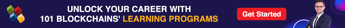 "Promotional banner for 101 Blockchains' learning programs featuring the text 'Unlock Your Career with 101 Blockchains' Learning Programs' and a red 'Get Started' button, set against a dark blue background with a graphic design element."