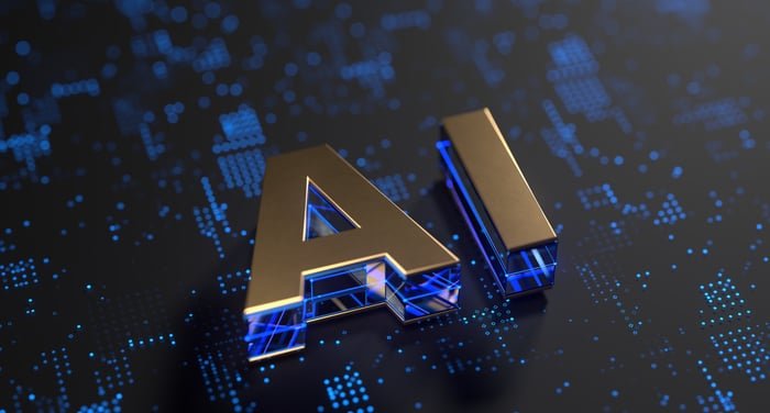 Golden 3D letters "AI" with glowing blue inner structures, on a dark background patterned with blue digital dots.