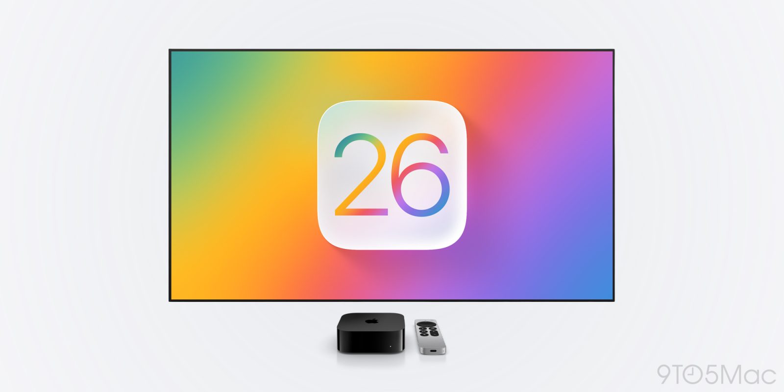 Apple TV box and remote in front of a screen displaying a colorful "26" icon on a vibrant gradient background.
