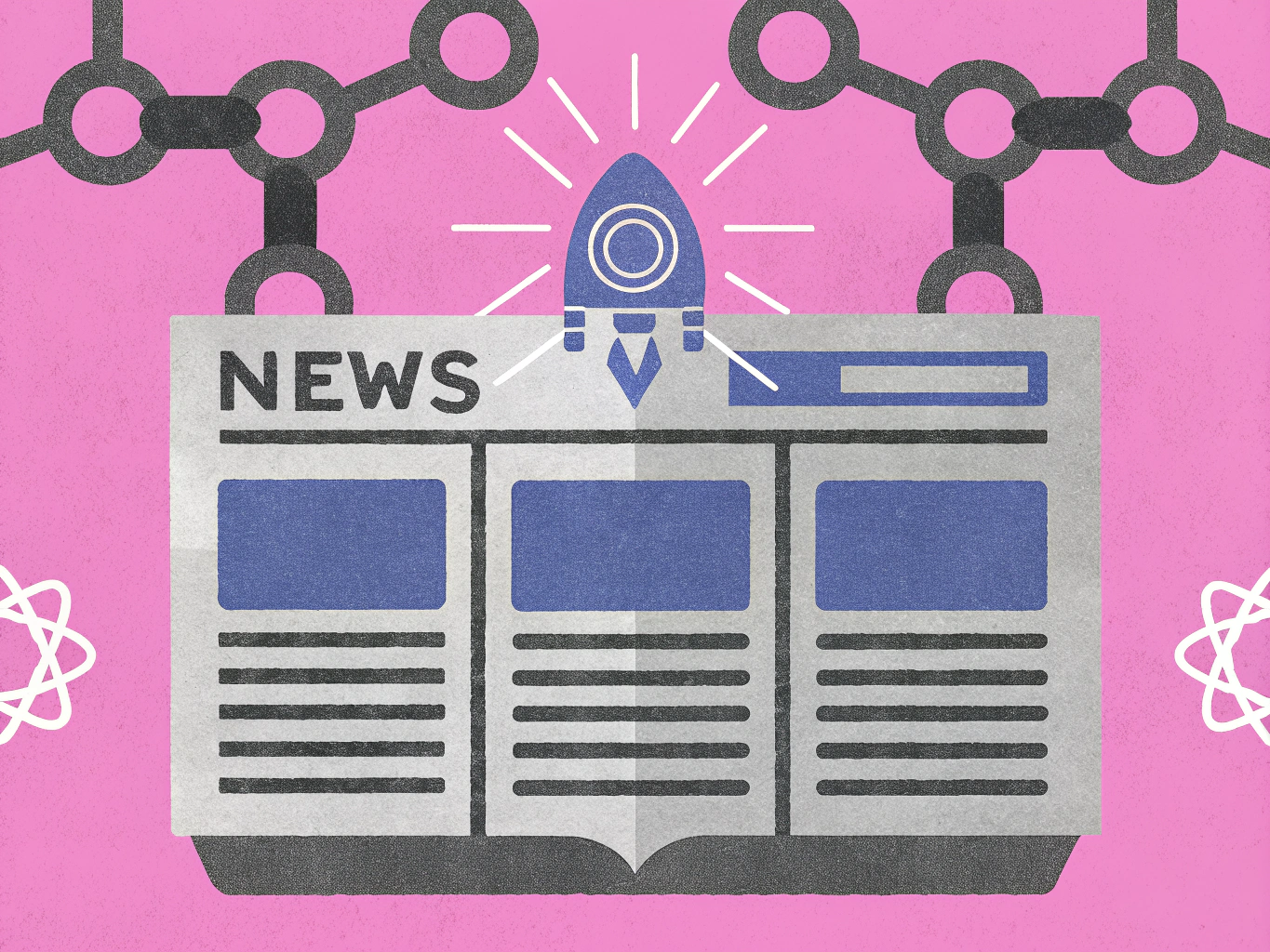 Newspaper with 'NEWS' headline and a blue rocket launching from the top. Black connected shapes form a network above, against a pink background.