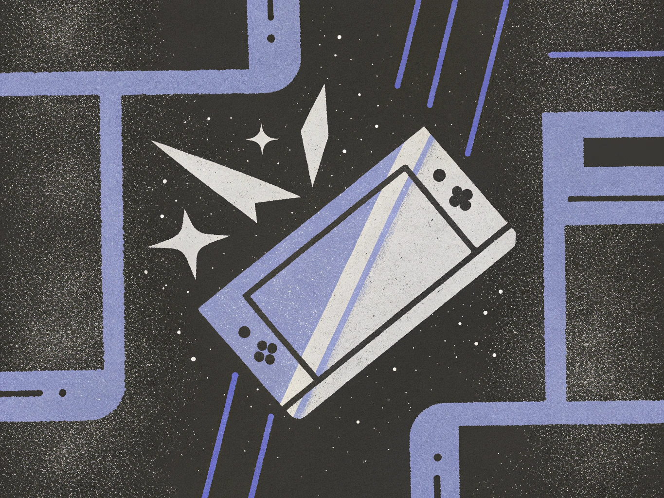 Stylized illustration of a light-toned handheld gaming console, with a blue screen, shattering into white fragments and stars. It is set against a dark, speckled background with outlines of other blue-toned devices and connecting lines.