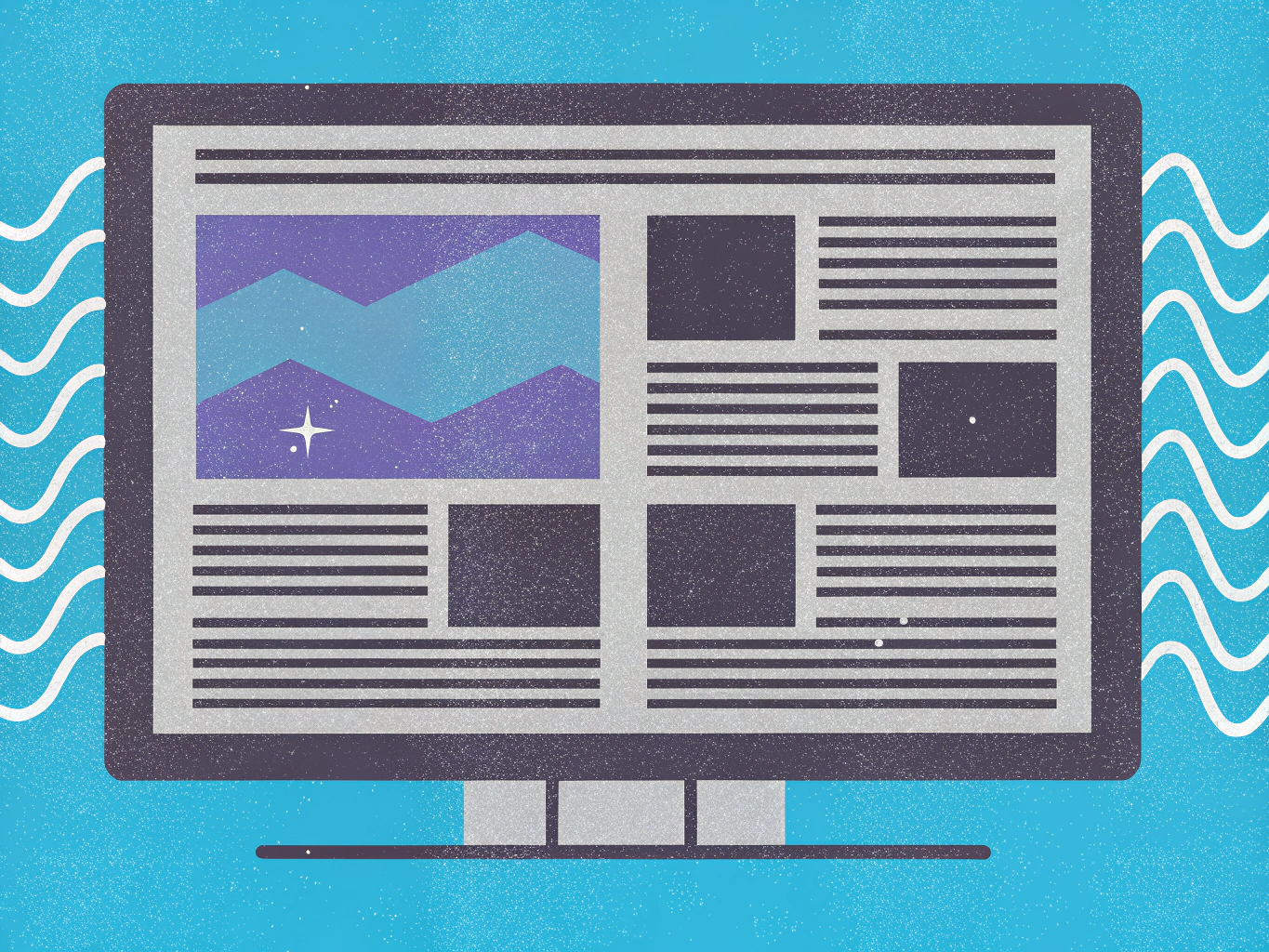 Desktop monitor displaying a webpage with an abstract blue and purple mountain illustration, text blocks, and content placeholders. The background is textured blue with white wavy lines.